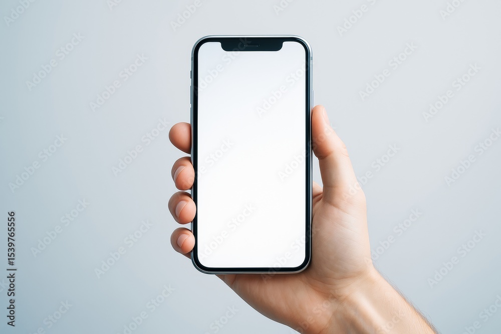 Poster close-up of hand holding smartphone with blank screen against light background for mockup or templat