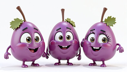 Three adorable purple cartoon grapes standing together with cheerful expressions.