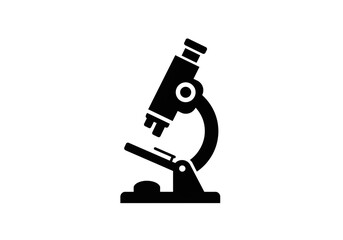 A black and white illustration of a microscope on a white background in simple vector style