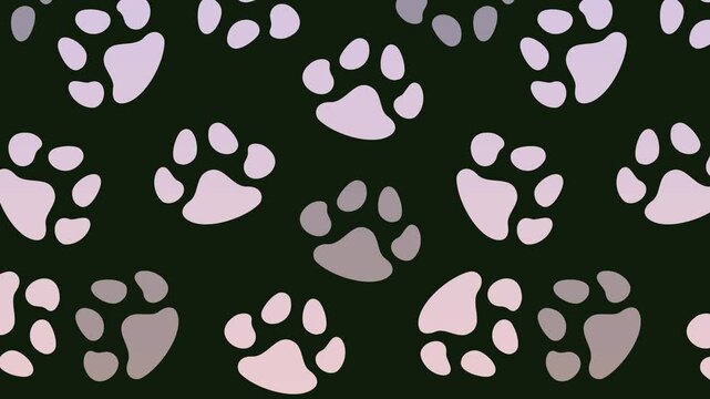 Gradient pink and purple paw prints scroll diagonally in a repeating pattern on dark background. Cute, stylish animation for pet themes or backgrounds.