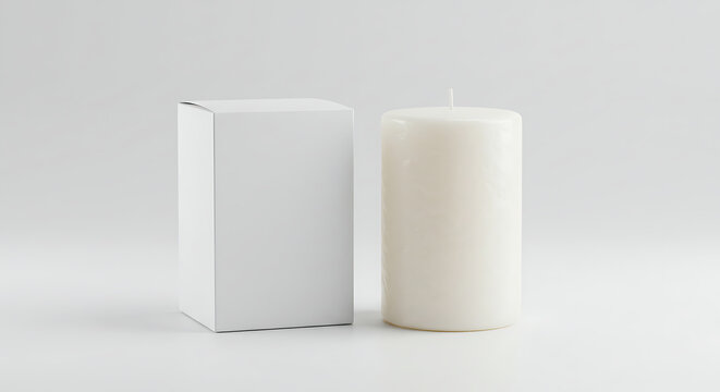 Blank white candle and packaging box mockup on white background