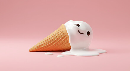 Melting ice cream cone with cute cartoon face on pink background