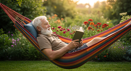 Relaxed senior man reading book in colorful hammock garden