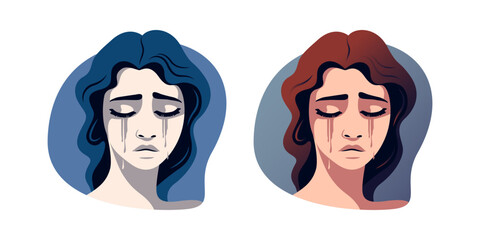 Two artistic depictions of crying women, one in cool blue tones and the other in warm red tones, on a white background. Woman in depression. Concept of mental disorder, affliction, sorrow and anxiety.