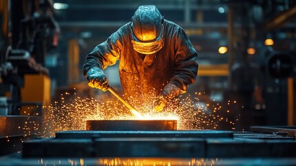 A factory worker in protective gear pouring molten metal into molds