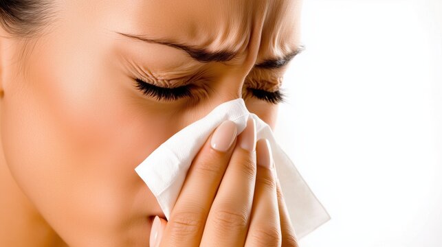 Woman Sneezing or Suffering from Allergy with Tissue