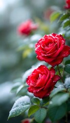 Red roses covered in snow and dew drops in a garden setting