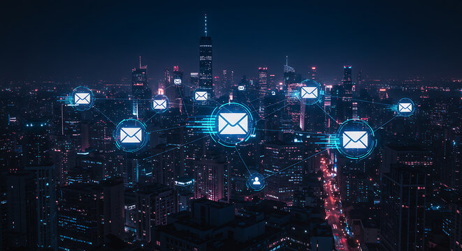 Global email network communication over night cityscape