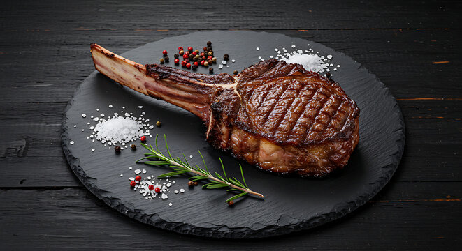 Grilled tomahawk steak on black slate plate with herbs and spices