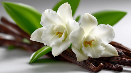 Fototapeta premium Natural vanilla composition with orchid blossoms, pods, and green foliage for organic product branding,vanilla orchid, vanilla pod, organic ingredient, gourmet spice, culinary flower, essential oil