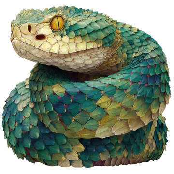 A vibrant green and gold gaboon viper, isolated on transparent background, coils elegantly, its scales shimmering with intricate detail
