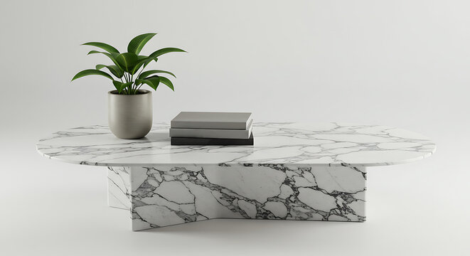 Modern oval marble coffee table with plant and books