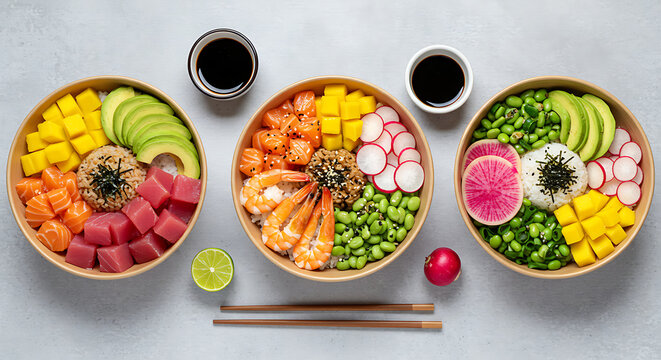 Three delicious and colorful poke bowls with fresh ingredients