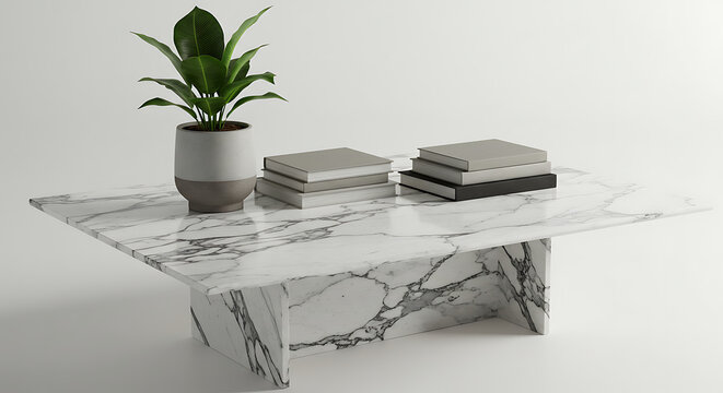 Modern marble coffee table with plant and books