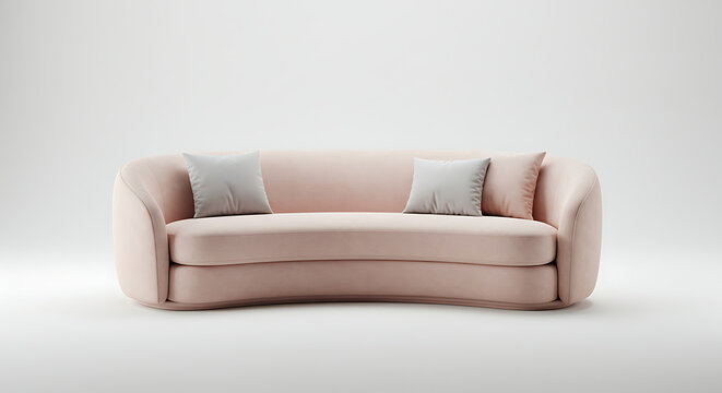 Modern pink curved sofa with white pillows on white background