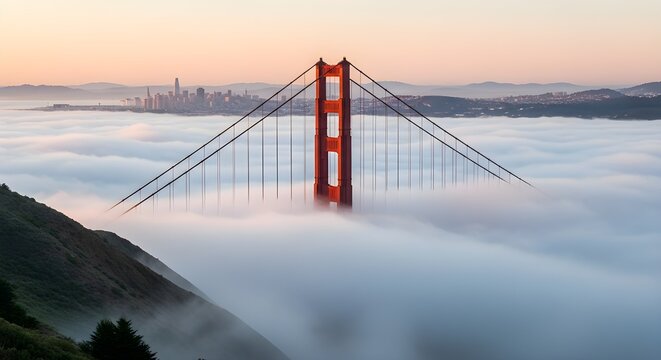 Golden Gate Bridge in Fog at Sunrise | San Francisco Skyline Emerging from the Mist - Urban Landscape for Travel and Tourism Marketing