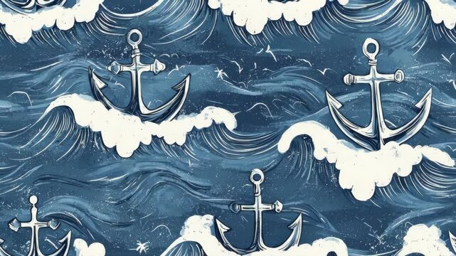 Anchors amidst ocean waves: seamless nautical pattern evoking maritime adventure