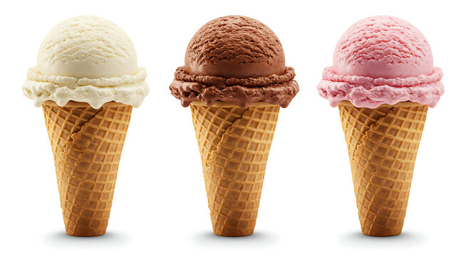 Three classic ice cream flavors in waffle cones