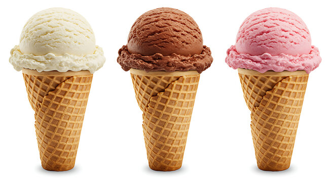 Three classic ice cream flavors in waffle cones