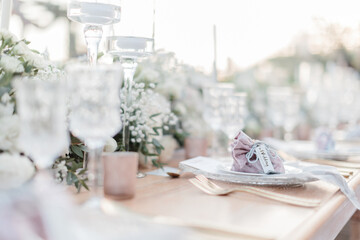 lovely Table setting for magnificent composition from flowers at a wedding , Centerpiece white and...