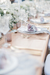 lovely Table setting for magnificent composition from flowers at a wedding , Centerpiece white and orange color palette flower bouquet arrangement