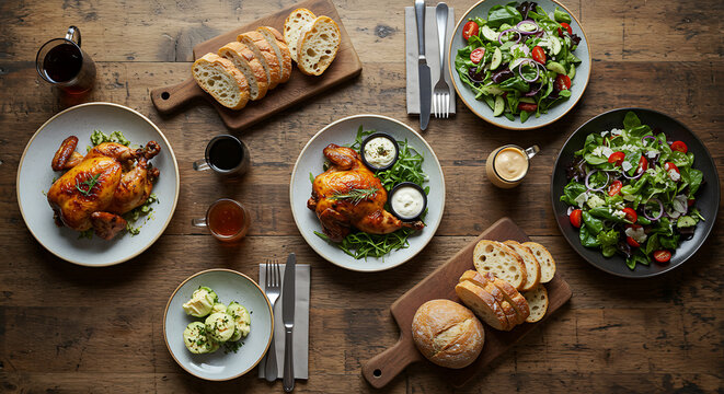 Roasted chicken dinner with salads and bread on wooden table