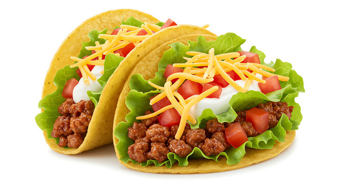 Two delicious ground beef tacos with lettuce tomatoes cheese and sour cream