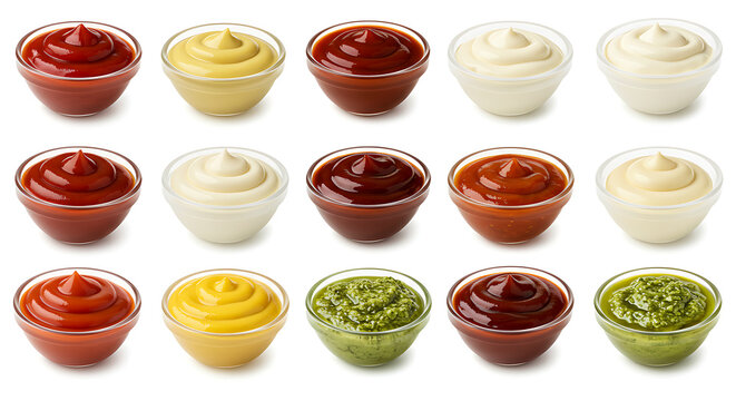 Assortment of delicious sauces in glass bowls