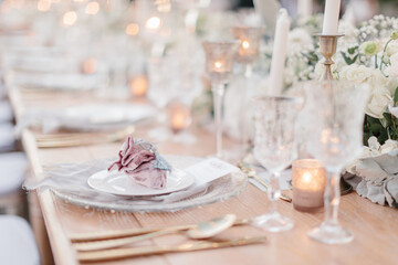 lovely Table setting for magnificent composition from flowers at a wedding , Centerpiece white and orange color palette flower bouquet arrangement