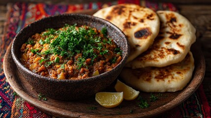 Sudanese kisra bread served with a meat stew dish.