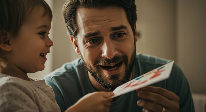 Father and daughter enjoying child's artwork
