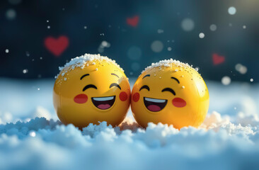 Two smiley smiley balls huddled together in the snow