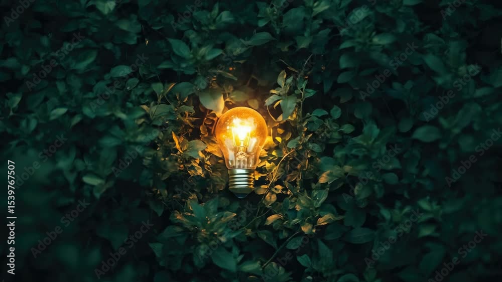 Poster a single light bulb situated within a dense bush