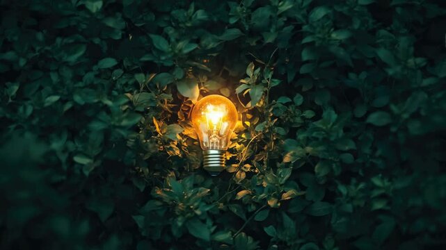 A single light bulb situated within a dense bush