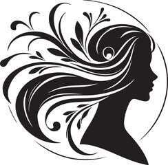 Elegant female silhouette with floral flowing hair in vector style – perfect for beauty salons, haircare branding, spa logos, and feminine designs.

