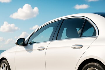 Side view of modern white car with tinted windows under bright sky with fluffy clouds, showcasing clean transport concept background scene.