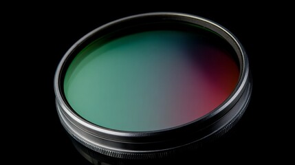 Telescope filter close-up, with multi-layer coated reflective surface displaying red and green tones, marked metal frame, black matte background isolation, astronomical equipment concept.