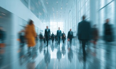 Bright business workplace with people in walking in blurred motion in modern office space. High quality