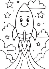 Coloring book rocket blasts off into a sky full of stars and fluffy clouds