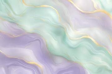 Obraz premium Soft lavender and pale mint green liquid marble blending into smooth, flowing waves, with hints of gold accents for a modern, elegant look, 