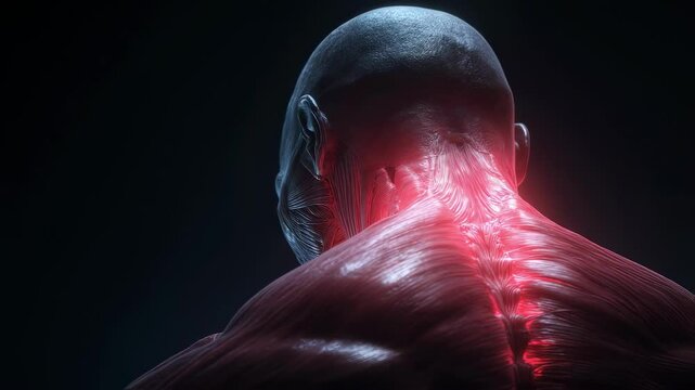 Medical visualization highlighting neck and trapezius muscles, potentially indicating pain or strain, useful for educational or healthcare content