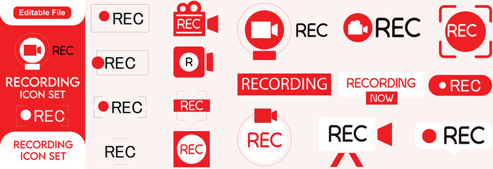 Recording icons set. Camera video recording icon. Noise, Rec symbol. Red recording icon, vector illustration