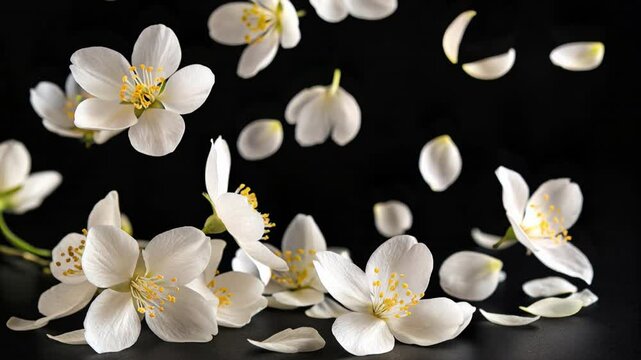 Falling jasmine petals create serene atmosphere, showcasing delicate beauty and charm in natures floral bloom against dark background.