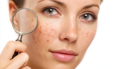 Magnifying Glass on Woman's Face Revealing Skin Imperfections