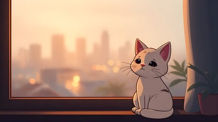 Sad Cartoon Cat Looking Out Rainy Window – Cozy Melancholy Scene