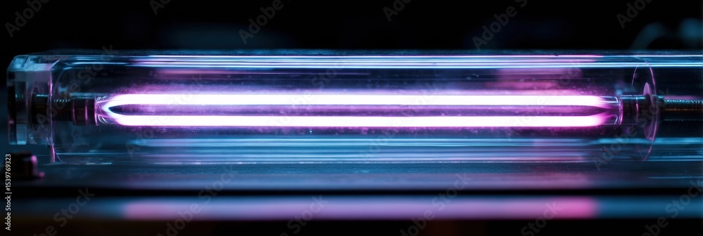Poster Neon Light Pulsing Within Glass Structure Creates Vibrant Color Display in Dimly Lit Environment