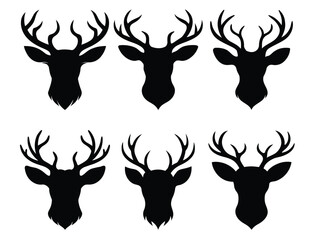 Set of black deer head silhouette icons with antlers on white background.