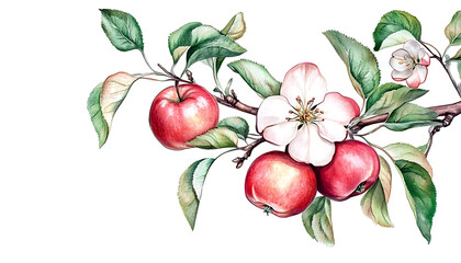 Watercolor apple branch with red fruits and flowers on transparent background