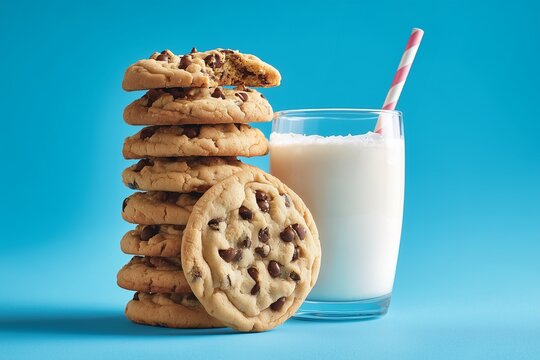 Stack of classic chocolate chip cookies with bitten top cookie beside chilled glass of milk and striped straw on blue background, evoking nostalgia, comfort, and sweet indulgent childhood memories

