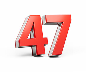 Bold Vibrant Red Number Forty seven Number 47 With Metallic On White Background 3D Illustration